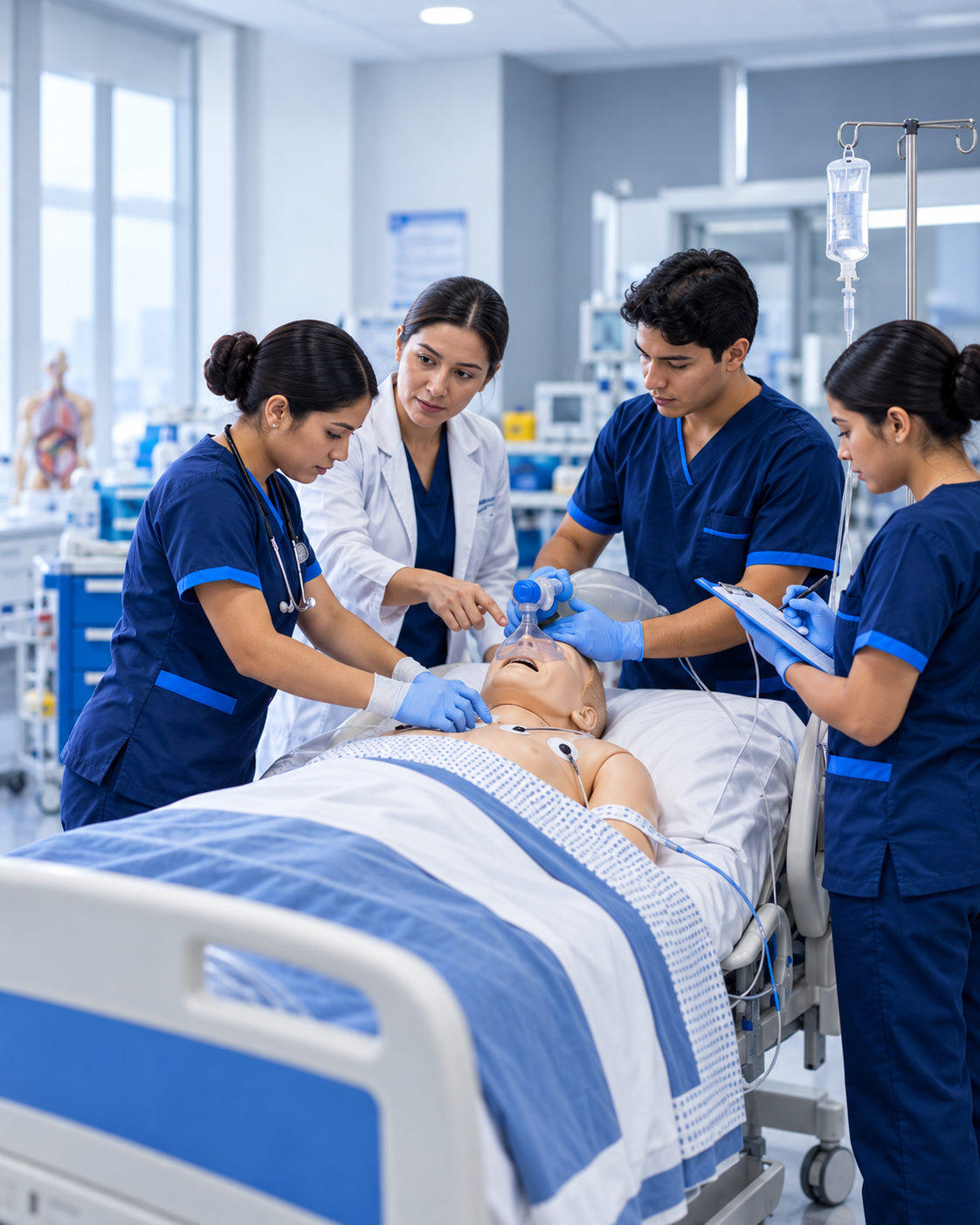 Estudiantes realizando actividades de laboratorio clínico.