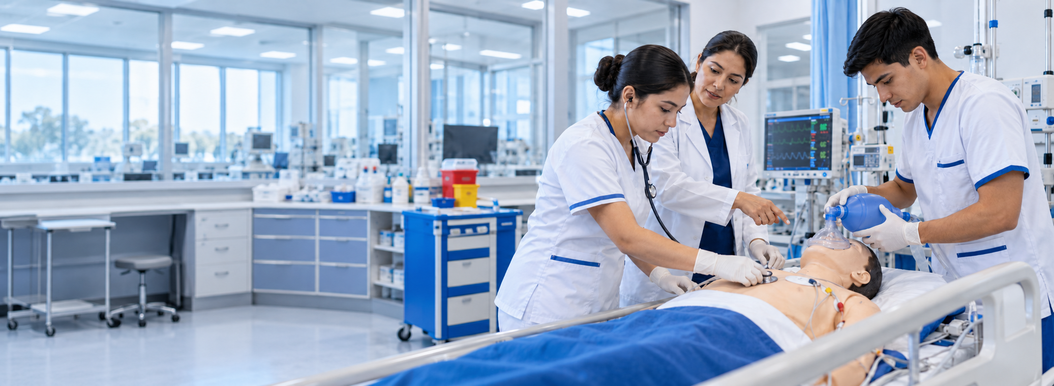 Estudiantes realizando prácticas de simulación clínica.